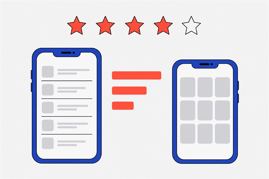 Illustration of two phones side by side showing different app layouts, with a star rating and three bar-chart marks between them.