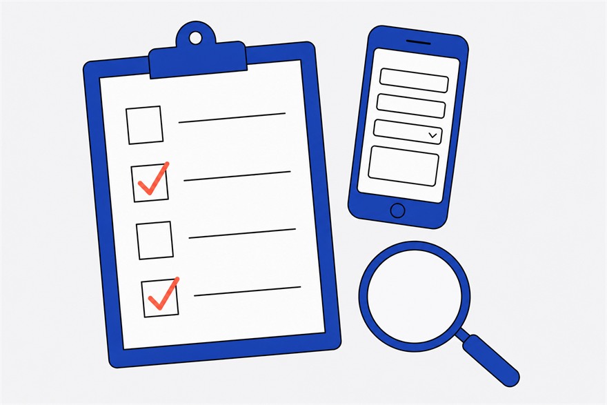 Illustration of a clipboard holding a four-row checklist with two coral ticks, beside a phone showing a blank form and a magnifying glass.