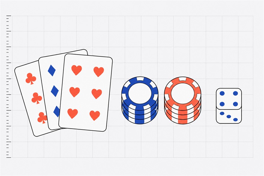 Illustration of fanned playing cards, two stacks of chips and a die arranged over a faint measurement grid.