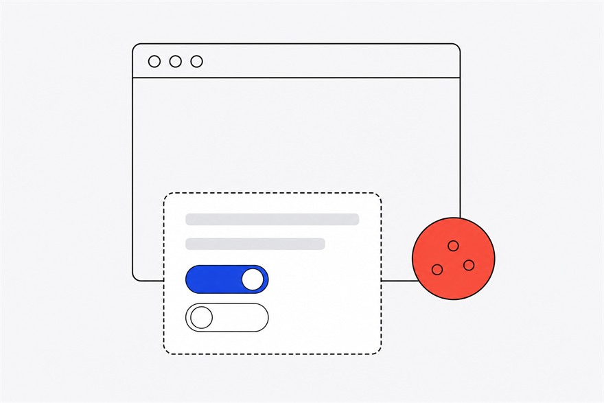 Illustration of a browser window with a dashed consent panel holding two toggle switches, one on and one off, beside a single coral disc.