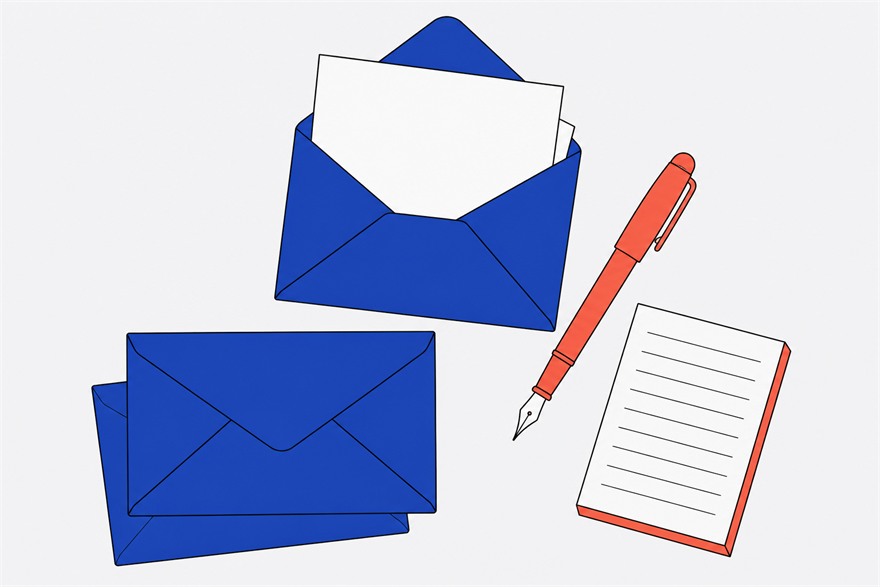 Illustration of an open envelope with a letter emerging, a fountain pen, two sealed envelopes and a small ruled notepad.