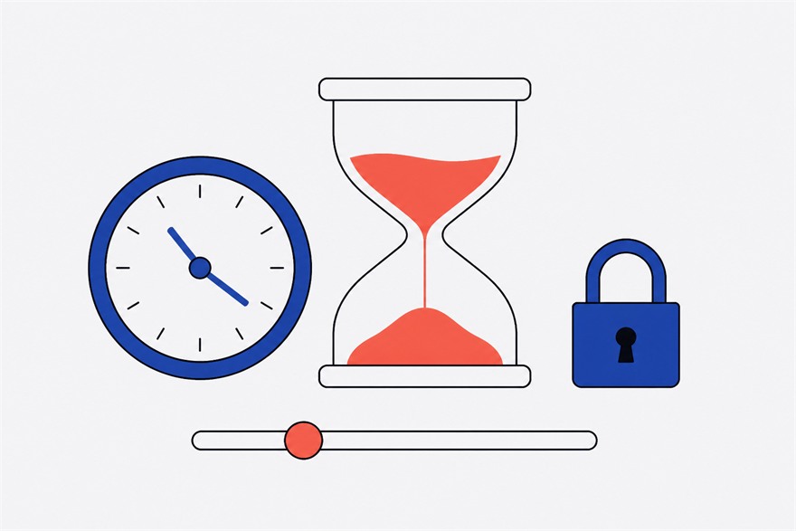 Illustration of a wall clock, an hourglass with coral sand, a horizontal slider set low and a closed padlock.
