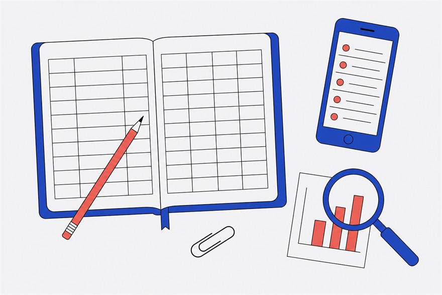 Illustration of an open notebook with a blank scoring grid, a pencil, a phone showing a list and a magnifying glass over a small bar chart.