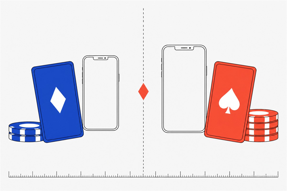 Illustration of a blue card, chips and a phone facing a red card, chips and a larger phone across a dashed centre line, above a ruled measuring scale.