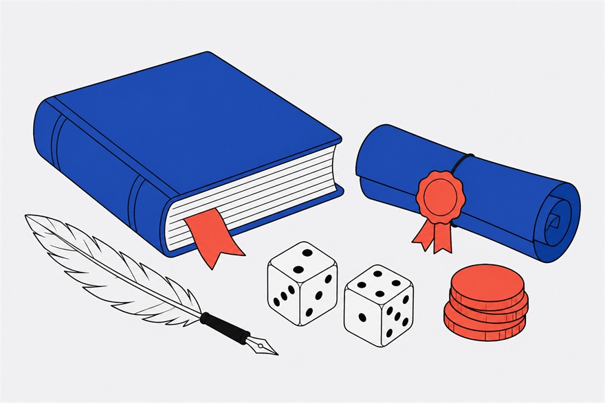 Illustration of a bound ledger with a ribbon marker, a rolled document sealed with wax, a quill pen, two dice and a stack of coins.