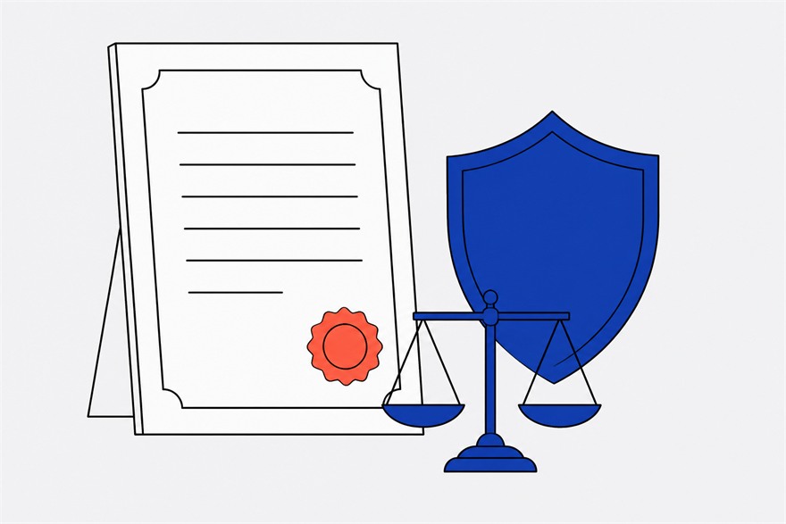 Illustration of a framed certificate with a coral wax seal, standing beside a shield and a small set of scales.