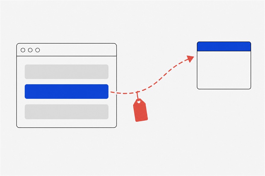 Illustration of a browser window whose highlighted row leads along a dashed arrow, carrying a small blank tag, to a second window representing the operator's own site.