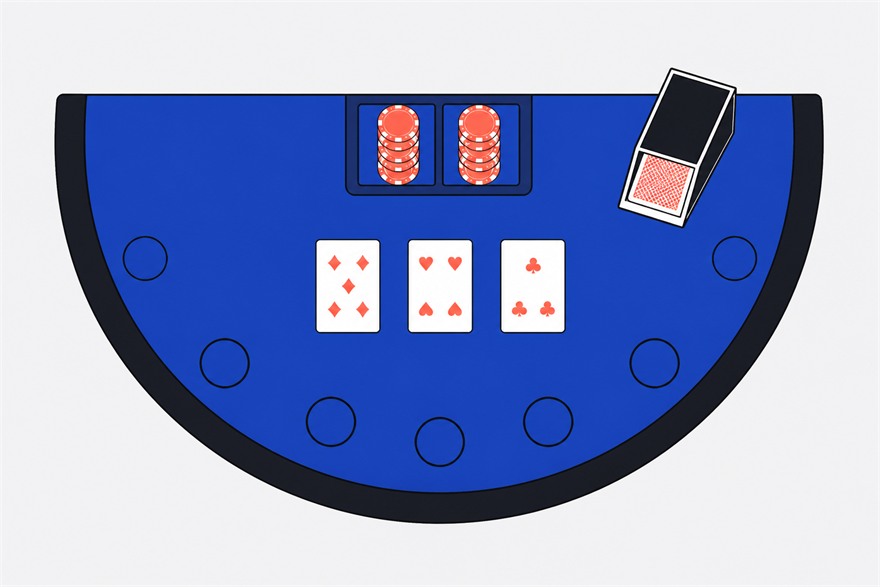 Overhead illustration of a semicircular live casino table with marked betting positions, three face-up cards, a card shoe and two chip stacks.