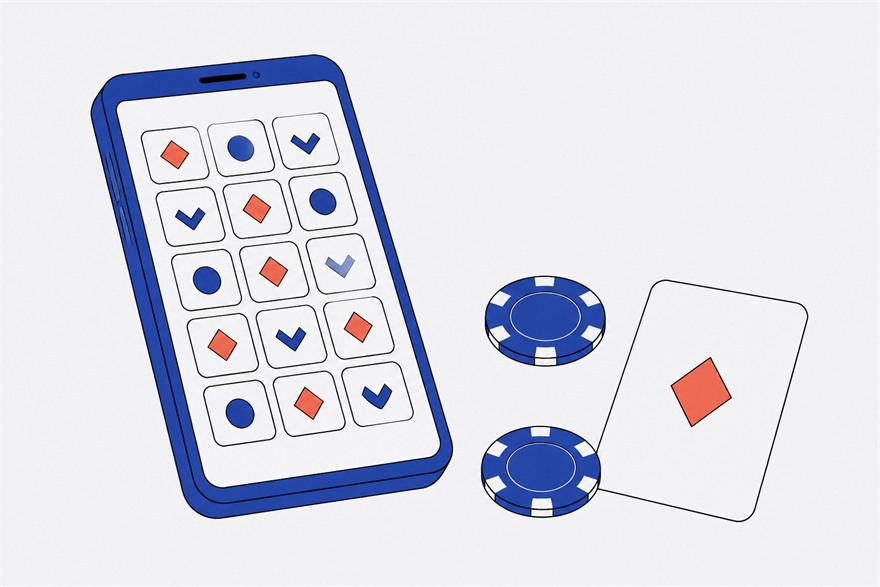 Illustration of a phone displaying a grid of game tiles beside two stacks of casino chips and a playing card.