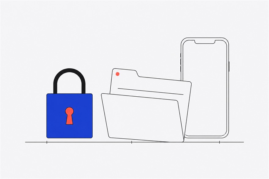 Illustration of a closed padlock beside an almost empty file folder and a blank phone screen, resting on a ruled baseline.