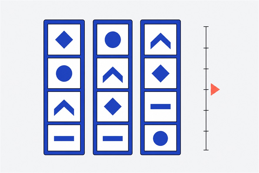 Illustration of three slot reel strips filled with abstract symbols, beside a vertical scale marked by a coral pointer.