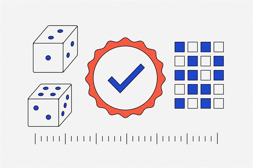 Illustration of two dice, a coral certification seal containing a checkmark, a grid of tabulated squares and a row of ruler tick marks.