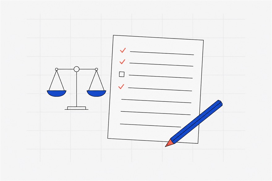 Illustration of an eight-line scoring sheet with three ticks and one blank box, a pencil resting across it and a level balance scale alongside.